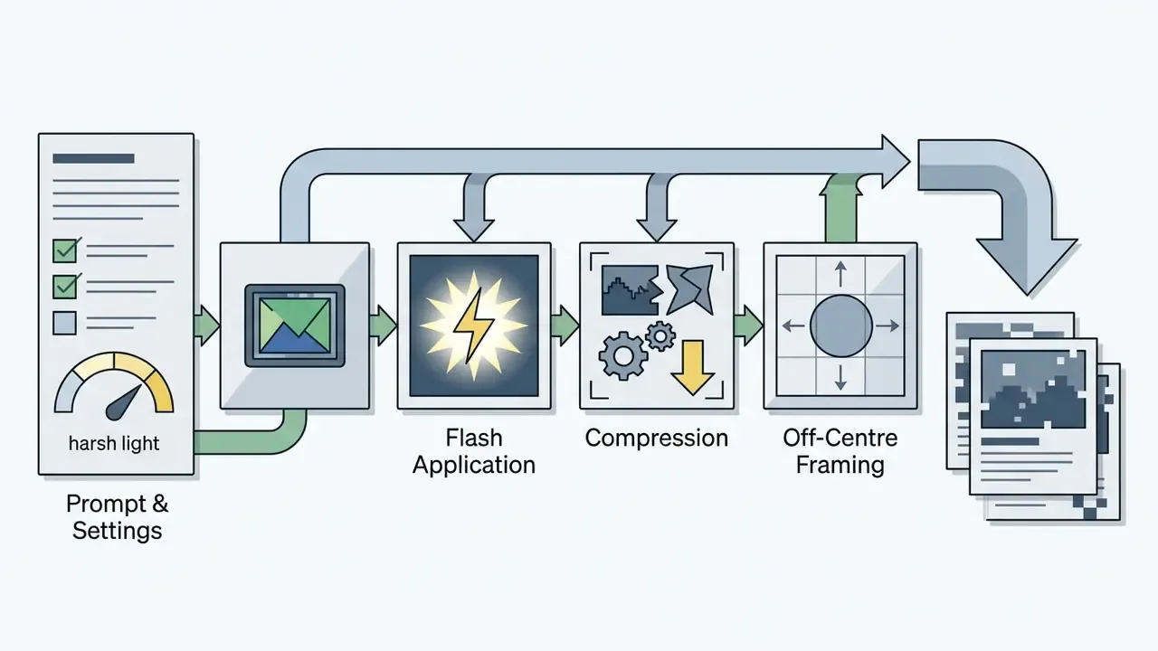 Steps showing flash application, compression, and off-centre framing to create low-res aesthetic images