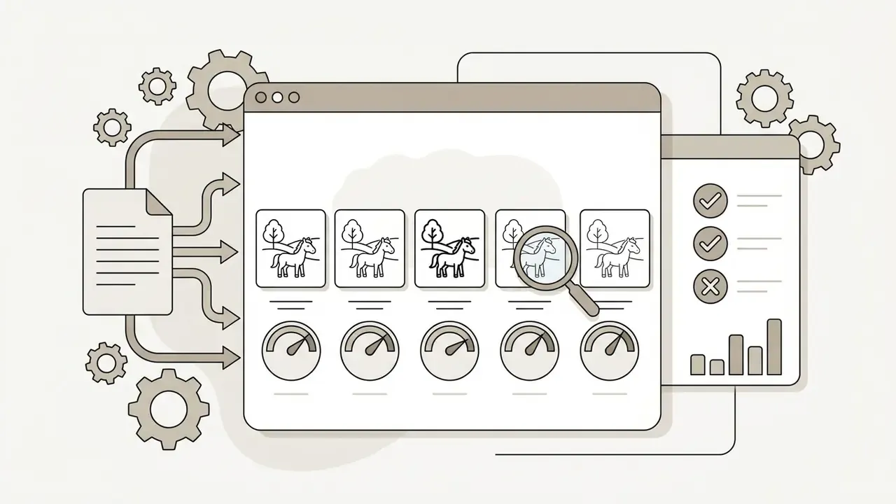 Text prompt document feeding into a browser window showing horse line art variations and performance gauges