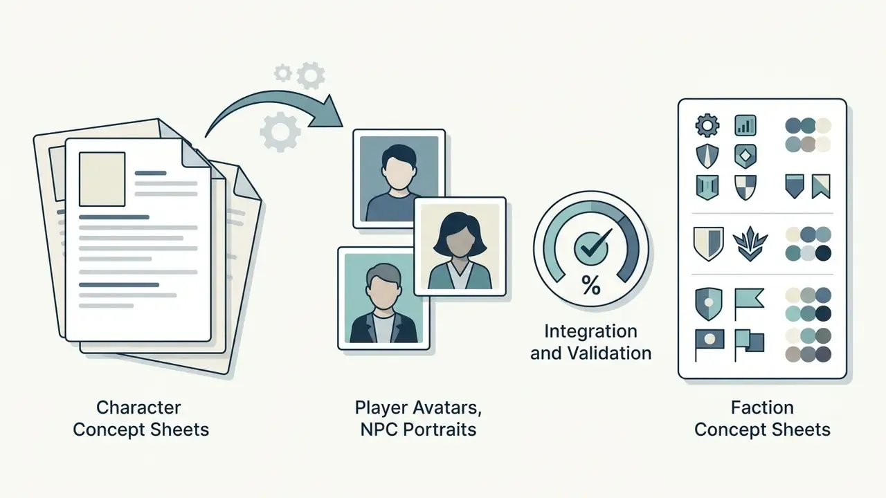 Process flow showing character concept sheets transforming into avatars and validated faction designs