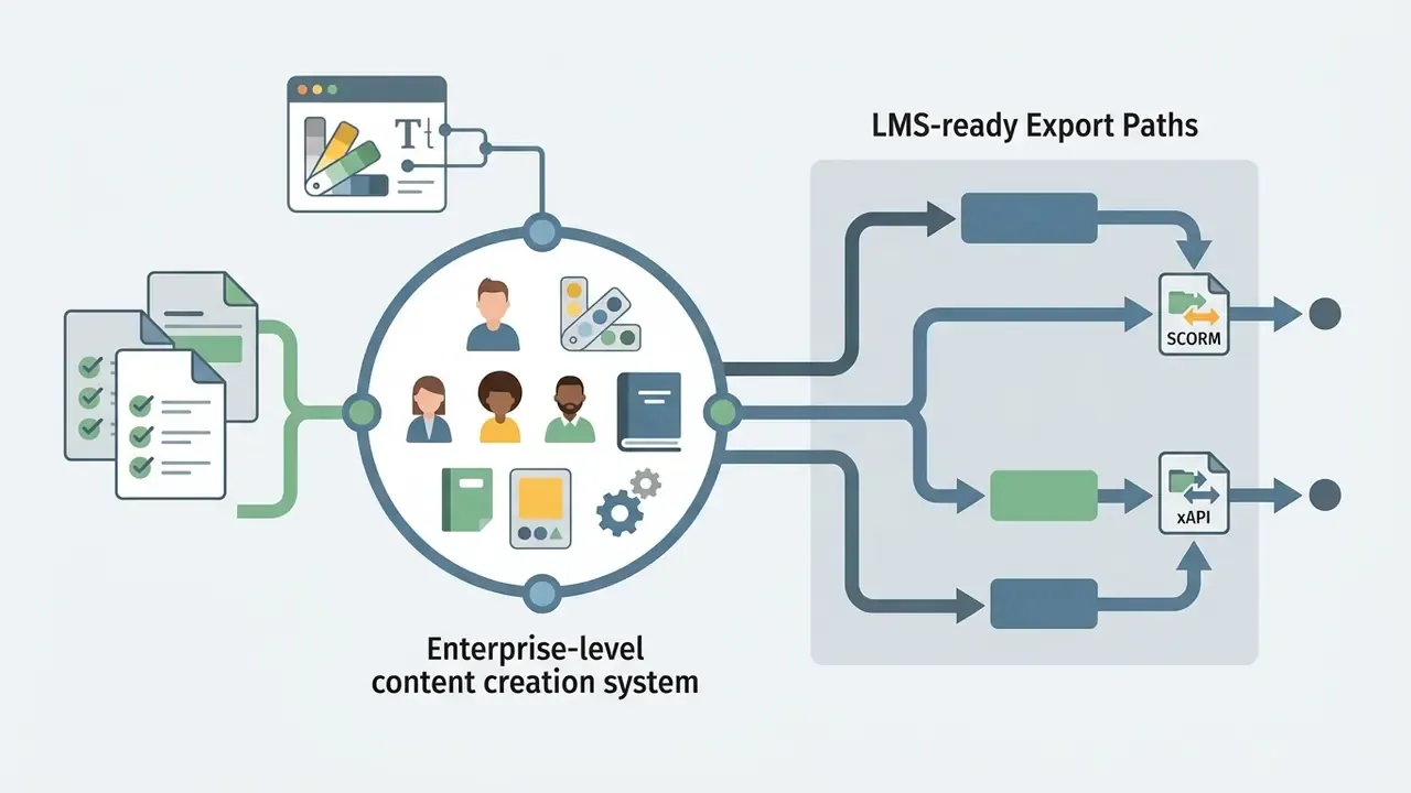 System diagram showing character assets and branding tools feeding into SCORM and xAPI export workflows