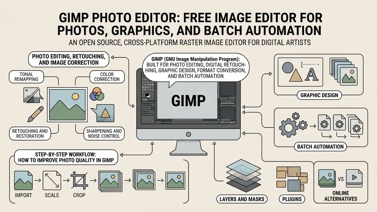 Flowchart detailing software capabilities including image retouching, graphic design, and batch processing