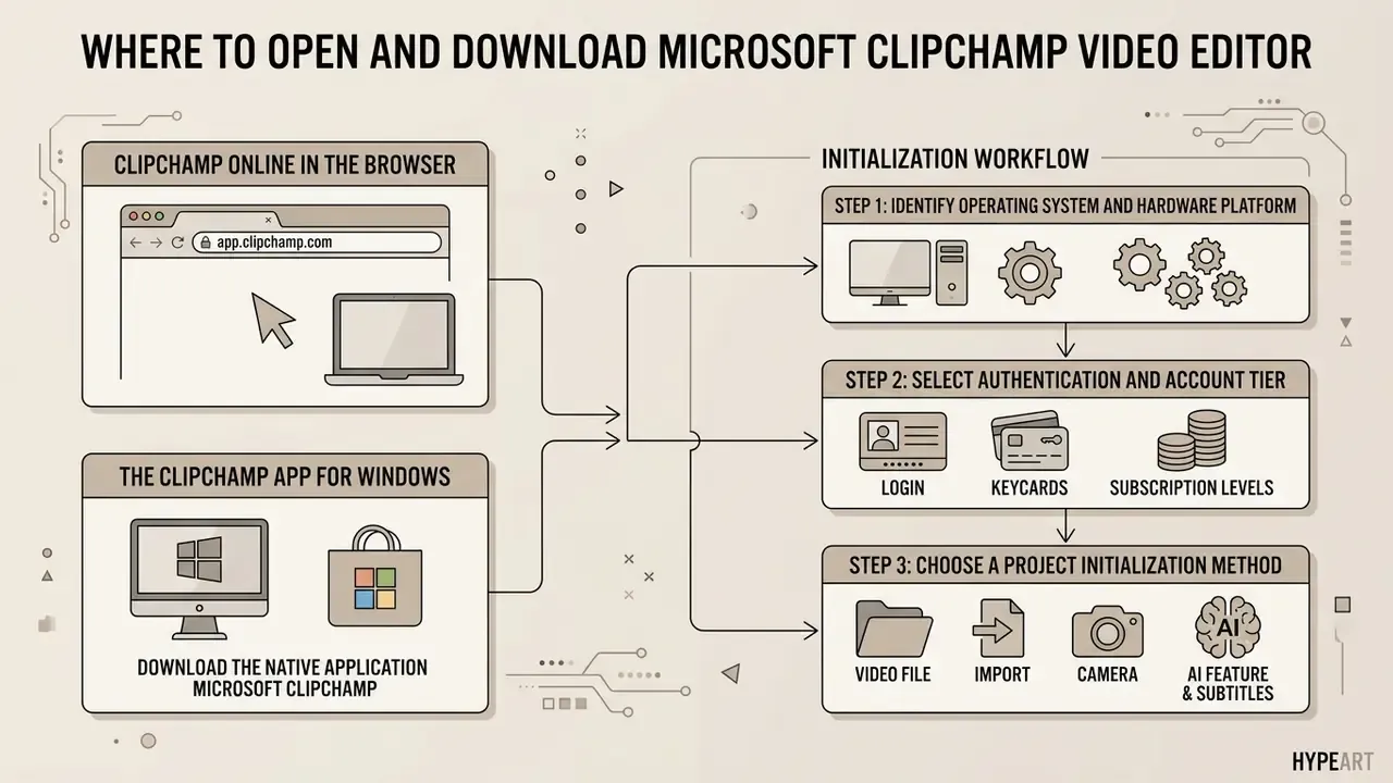 Flowchart showing access methods and a three-step initialization workflow for Clipchamp
