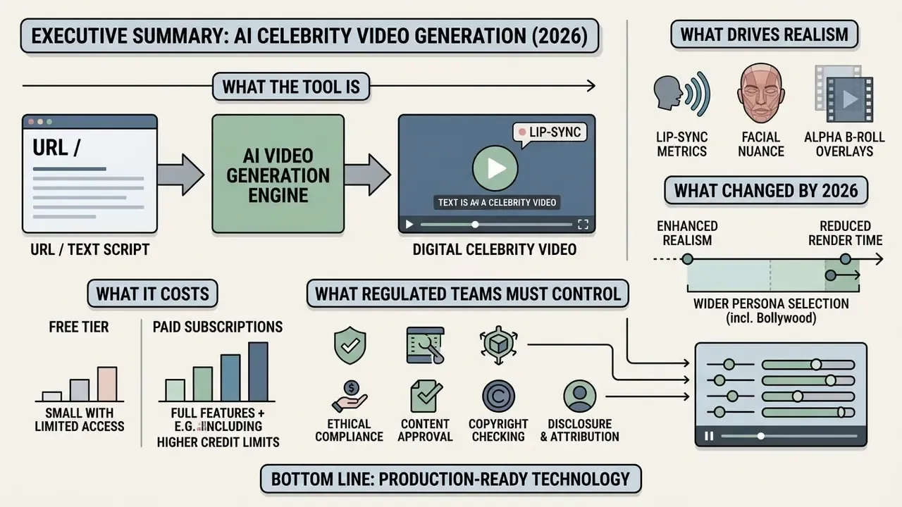 Infographic summarizing AI celebrity video generation technology, costs, realism factors, and regulatory controls