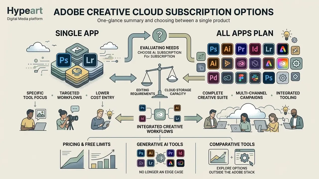 Infographic comparing single application subscriptions against the full Creative Cloud suite plan