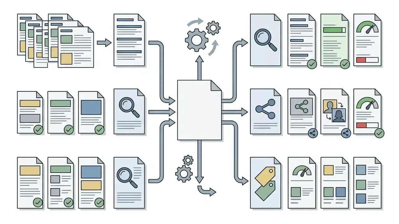 Multiple document inputs feeding into a central processor to generate varied ad copy and performance metrics