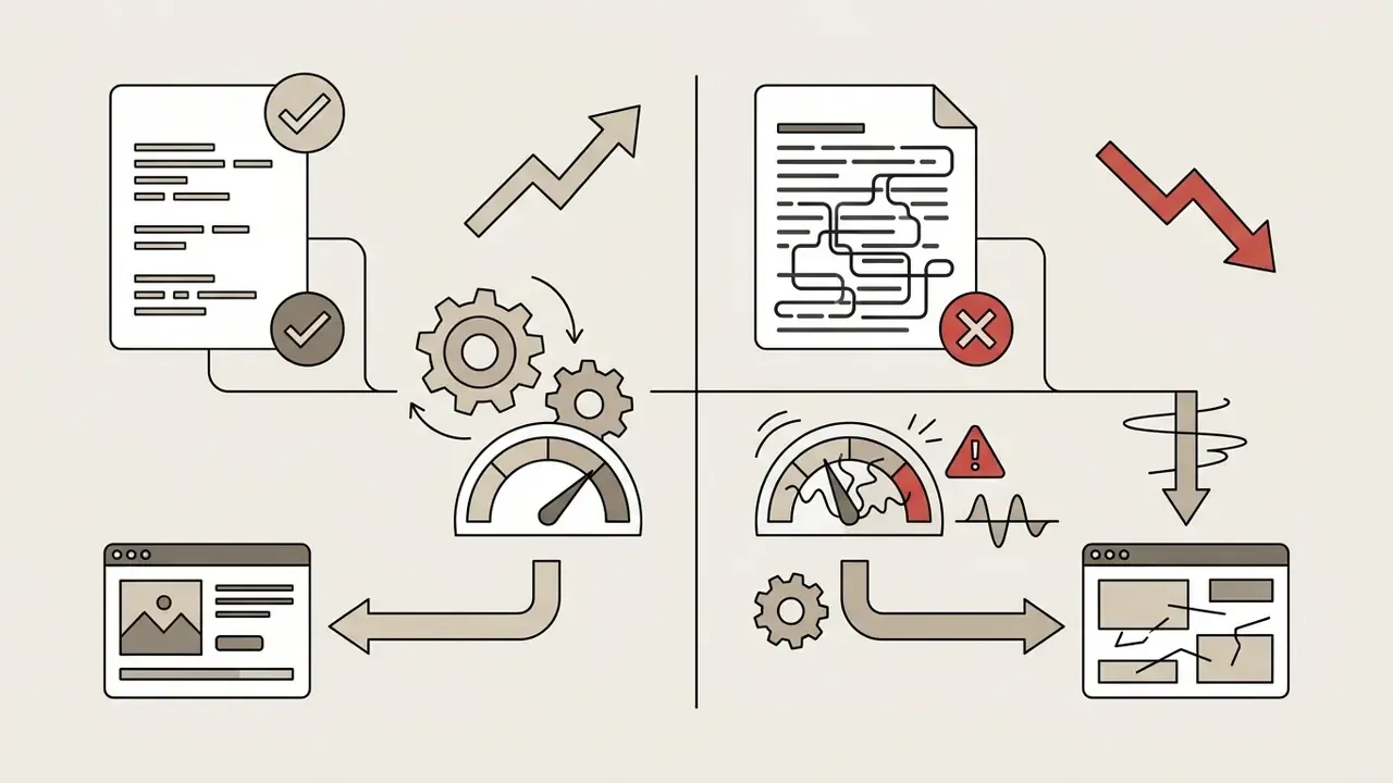 Diagram contrasting clear concise script writing with complex messy text for Synthesia AI training videos