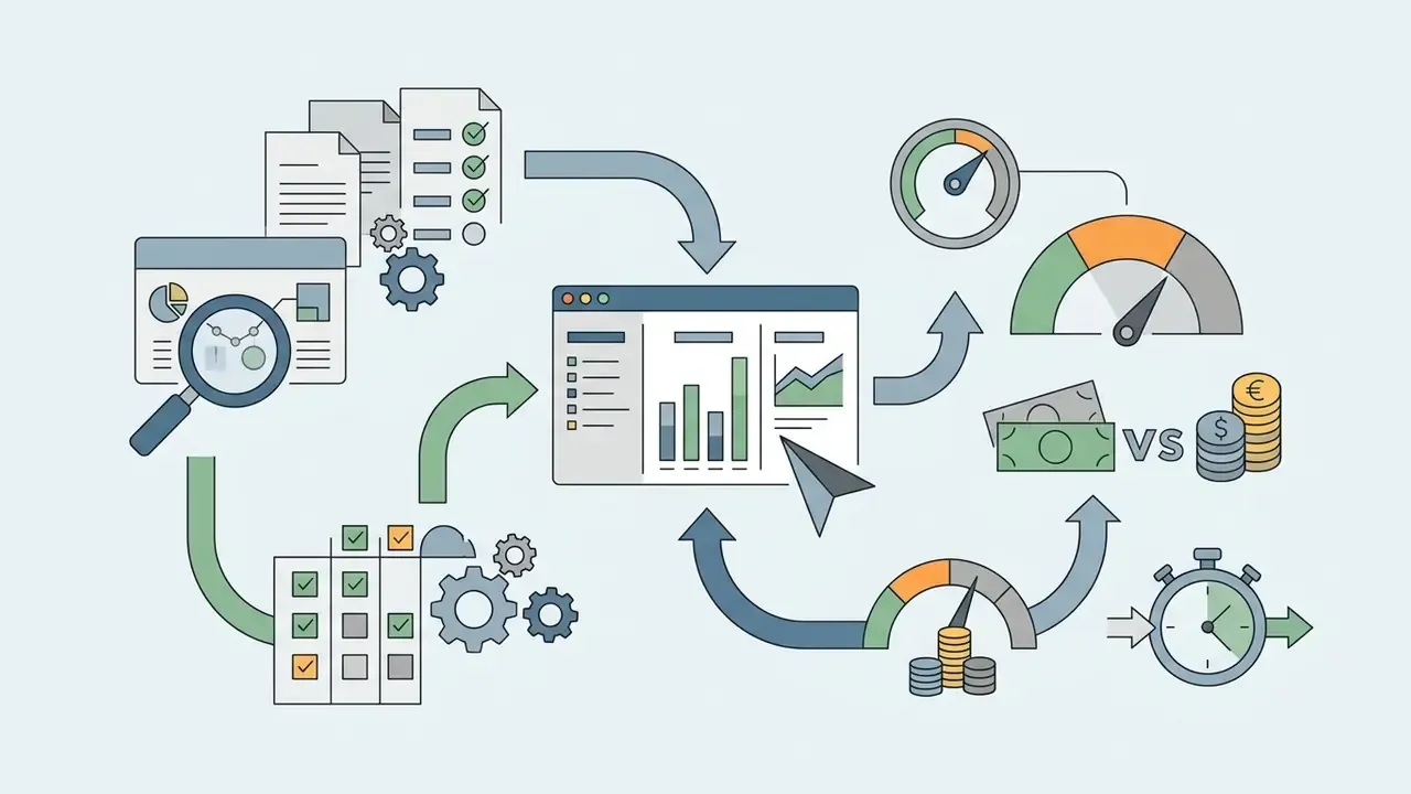 Central dashboard connecting document review and performance metrics to cost and time efficiency analysis