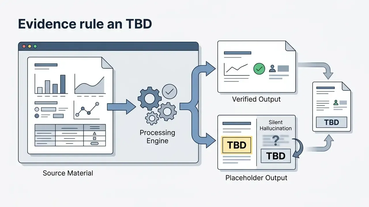 Source documents processed through an engine to produce verified outputs or TBD placeholders