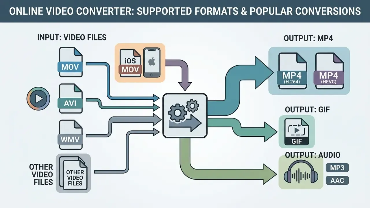 Diagram showing various video file inputs being processed into MP4, GIF, and audio output formats