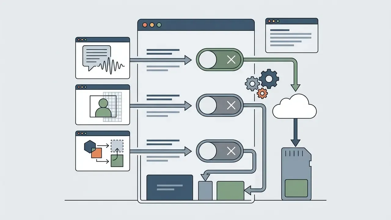 Toggle switches controlling data flow from AI video features to cloud storage and local memory
