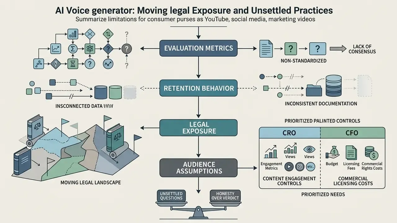 Summary of unsettled practices and legal risks for AI voice tools including metrics and stakeholder needs