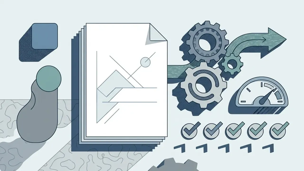 Document stack feeding into a gear mechanism with a gauge and five checkmark icons on a textured background