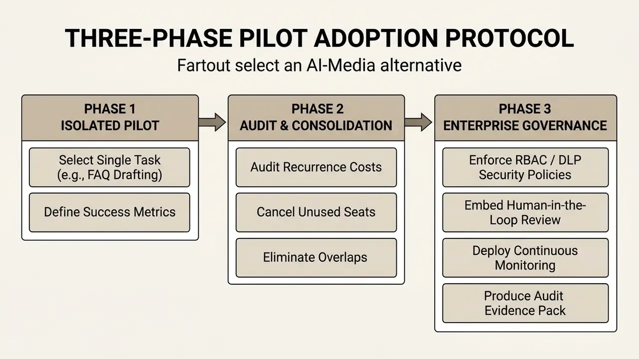 Three-step sequential flowchart outlining a pilot adoption protocol for enterprise technology integration
