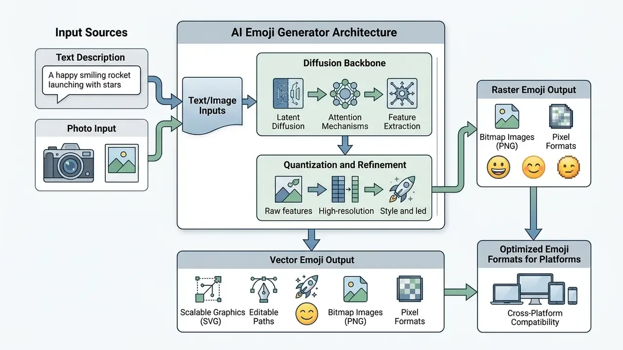 Flowchart showing how text and photo inputs are processed by a diffusion model into vector and raster emojis