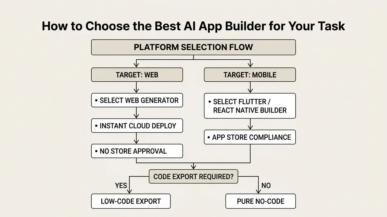 Decision flowchart comparing web and mobile development paths based on deployment and code requirements