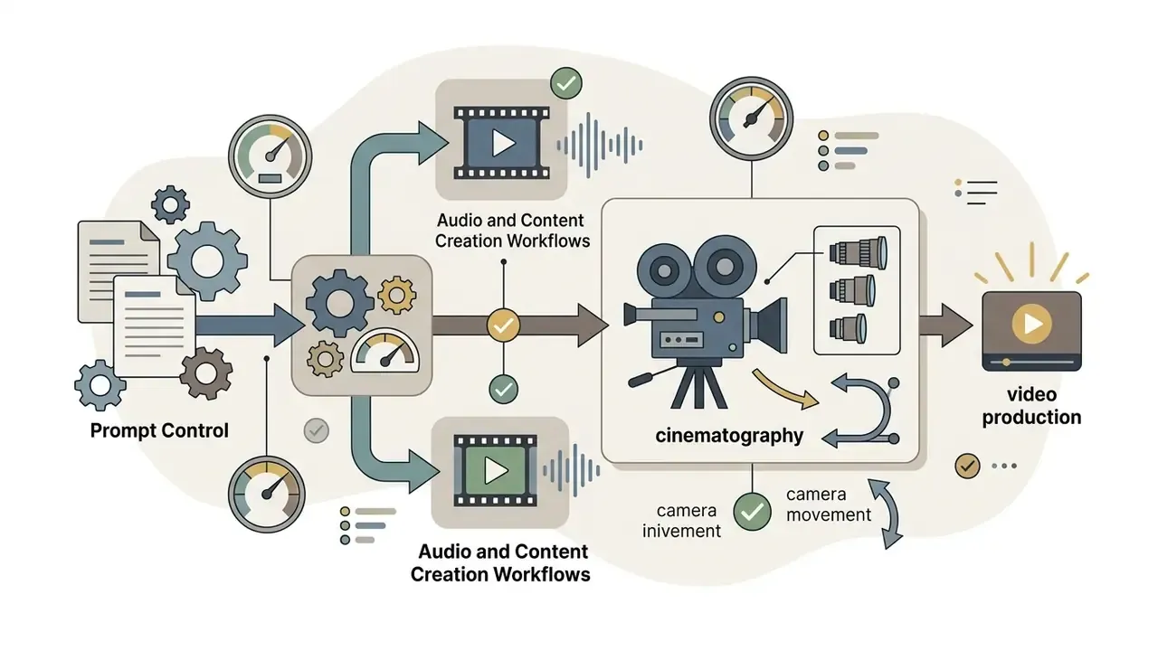 Documents and gears feeding into a cinematography module to configure camera settings for video production
