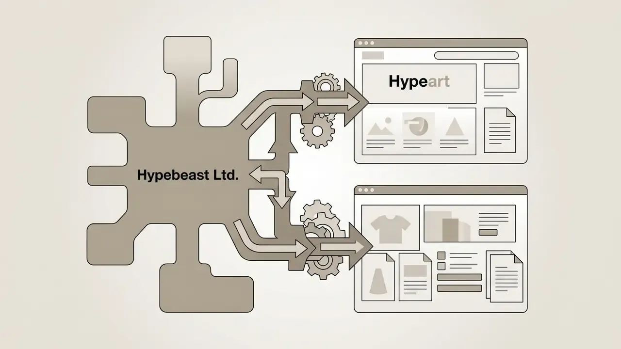 Flowchart showing Hypebeast Ltd. connected to Hypeart and other media platforms via gear mechanisms