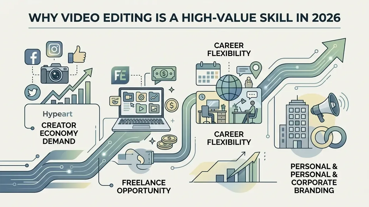 Infographic showing how video editing enables creator economy, freelance work, and branding opportunities