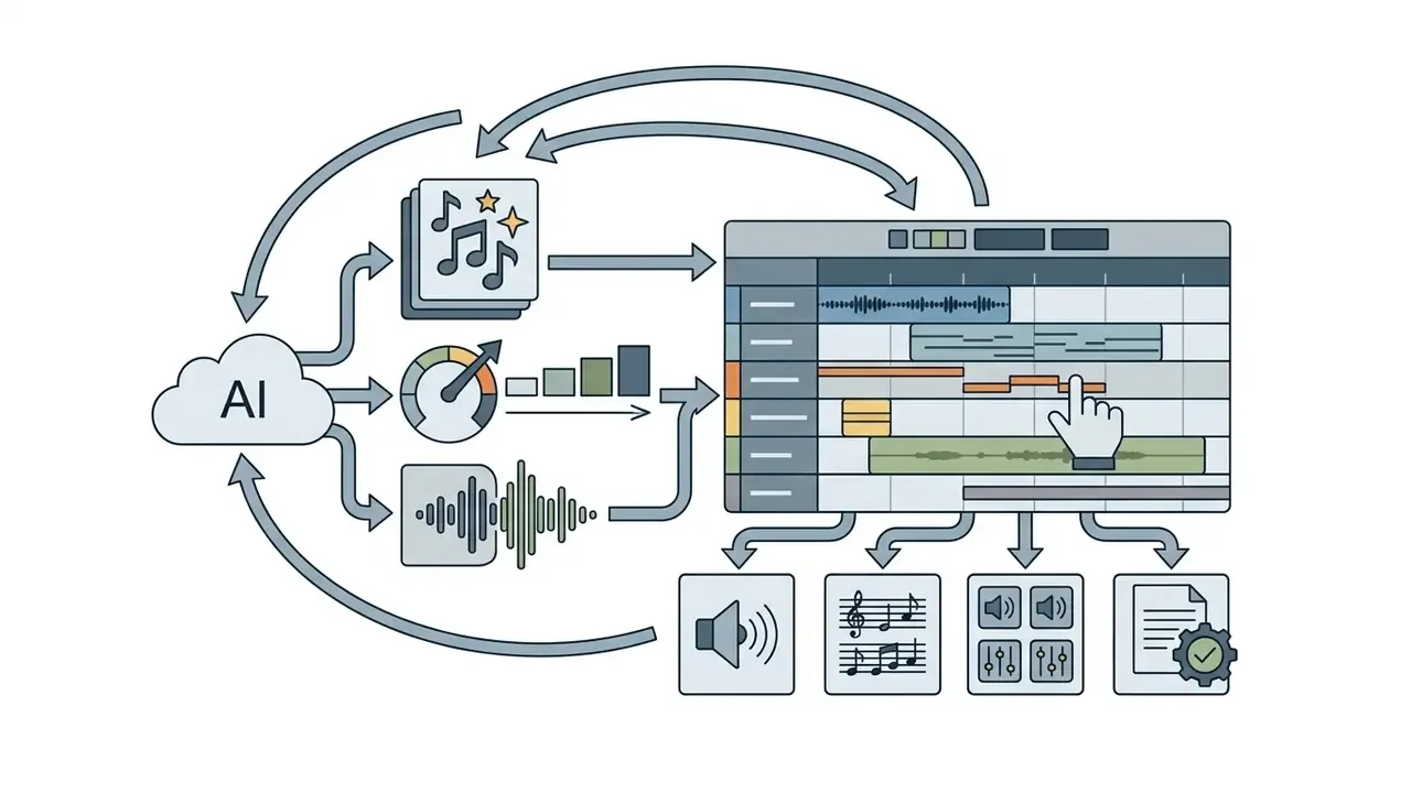 AI cloud generating musical components for manual arrangement and editing within a digital audio workstation