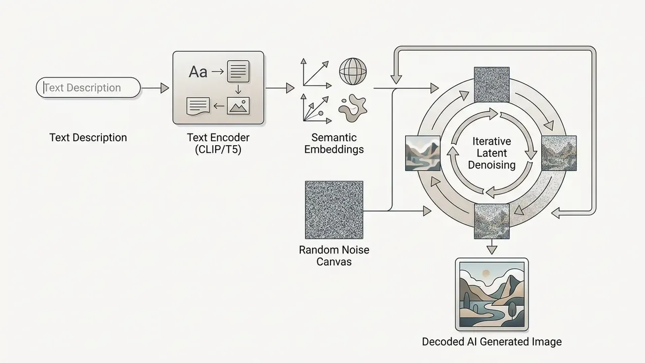 Flowchart showing how text prompts are encoded and refined through iterative denoising into an image