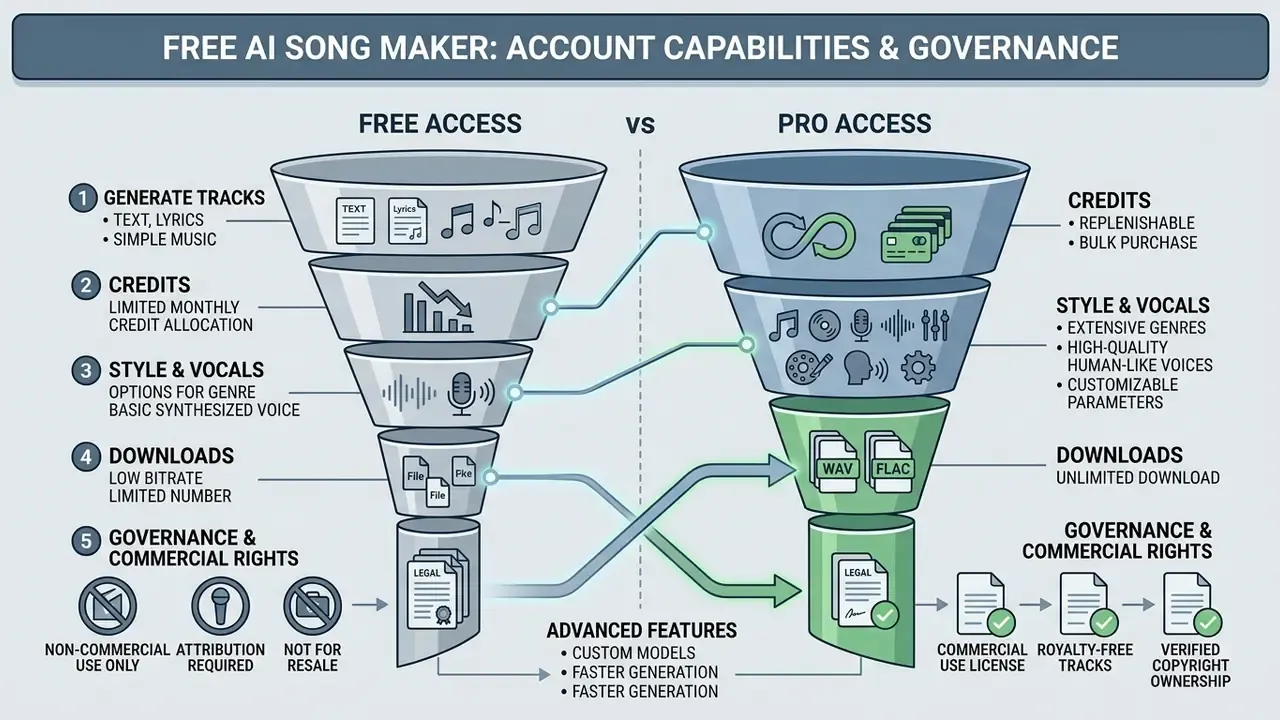 Funnel diagram contrasting the features and commercial rights between free and paid subscription tiers