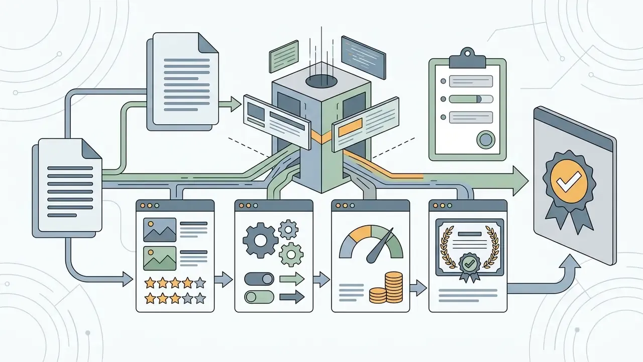 Data files feeding into a central processor linked to rating, cost, and certification panels