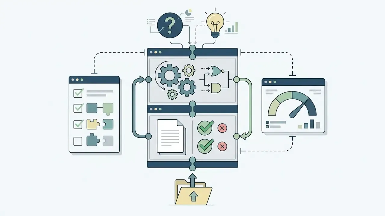 Question and lightbulb icons feeding into a gear system that processes assessment tasks and performance data