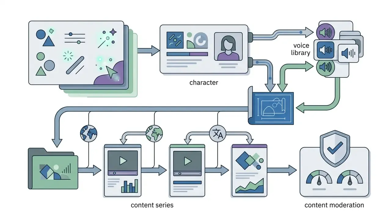 Visual representation of character creation, voice pairing, multilingual content series, and moderation