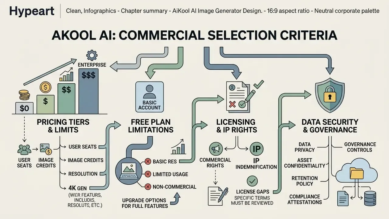 Flowchart outlining enterprise adoption factors including pricing tiers, licensing rights, and data security