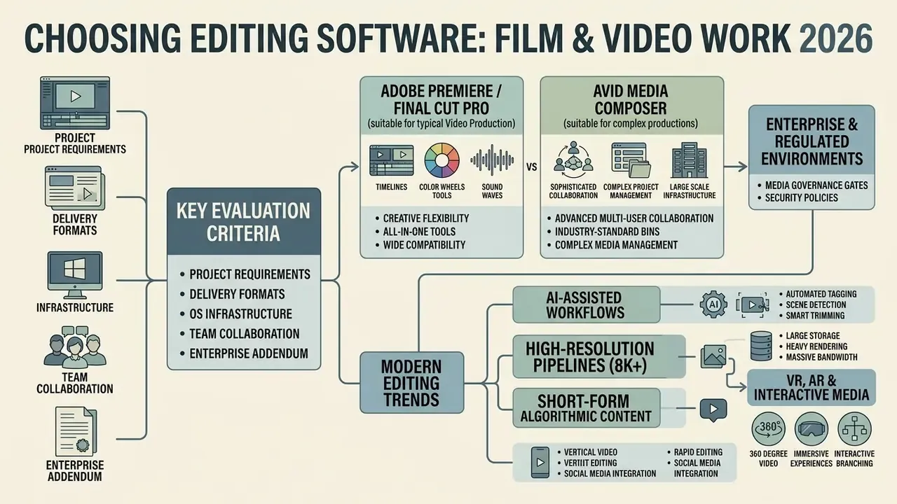 Flowchart comparing software evaluation criteria, production platforms, and modern industry trends