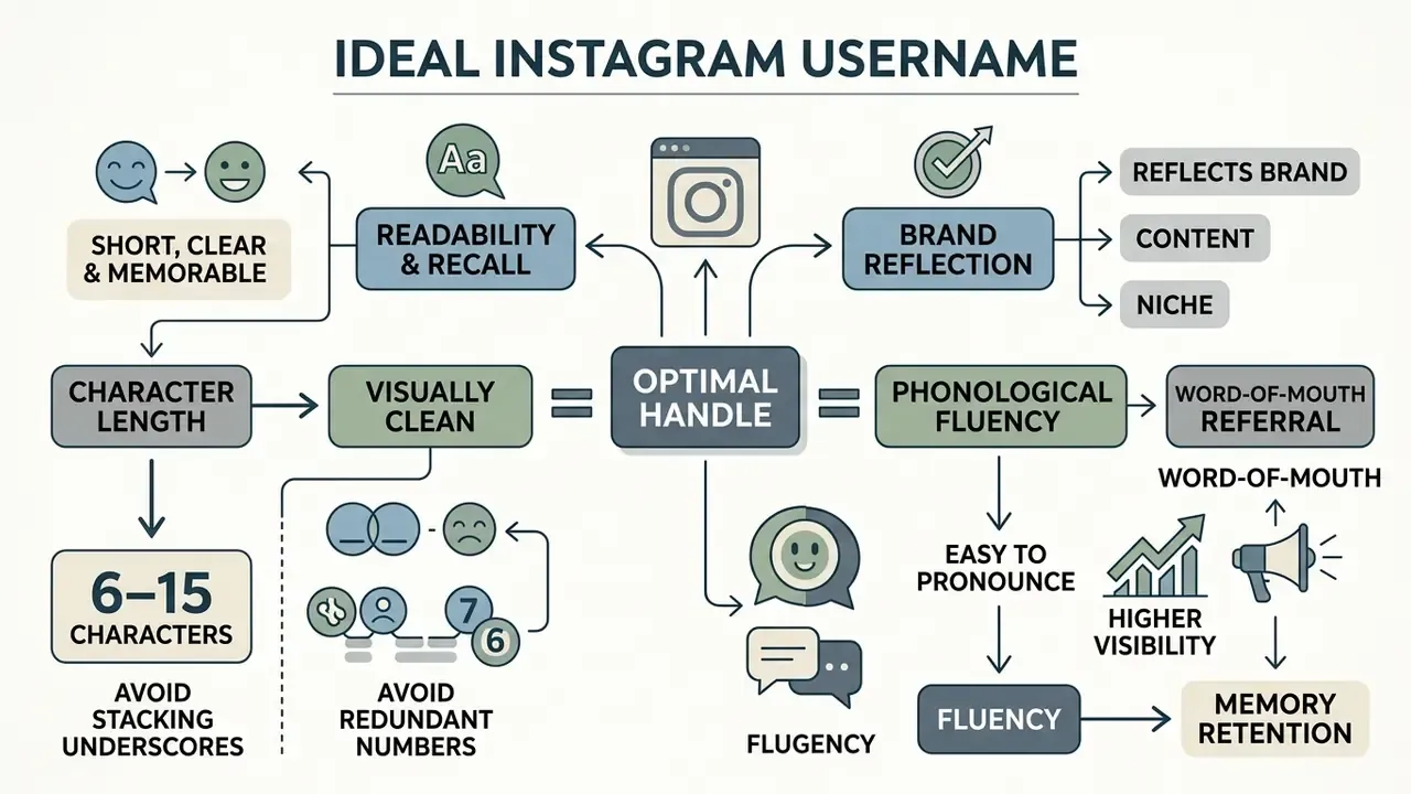 Conceptual map illustrating key criteria for selecting an effective and memorable Instagram handle