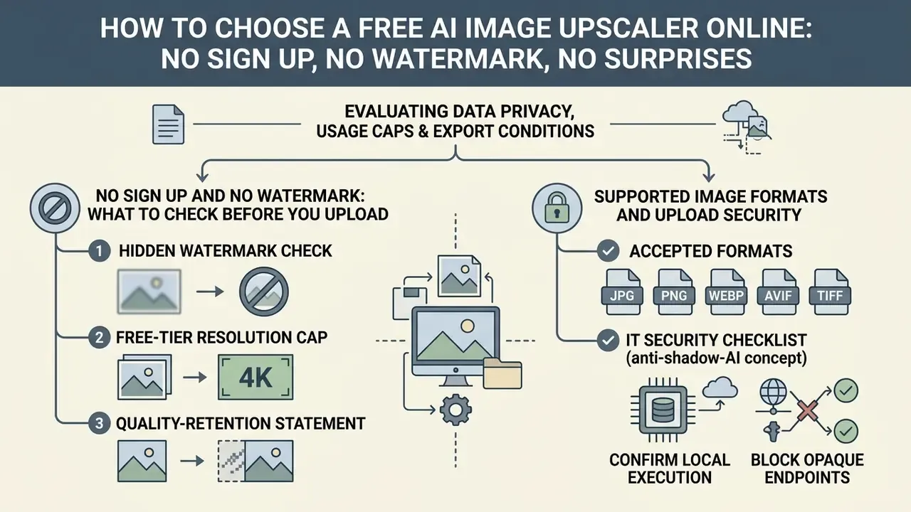 Flowchart outlining steps to evaluate privacy and security when choosing an AI image enhancer 4k tool