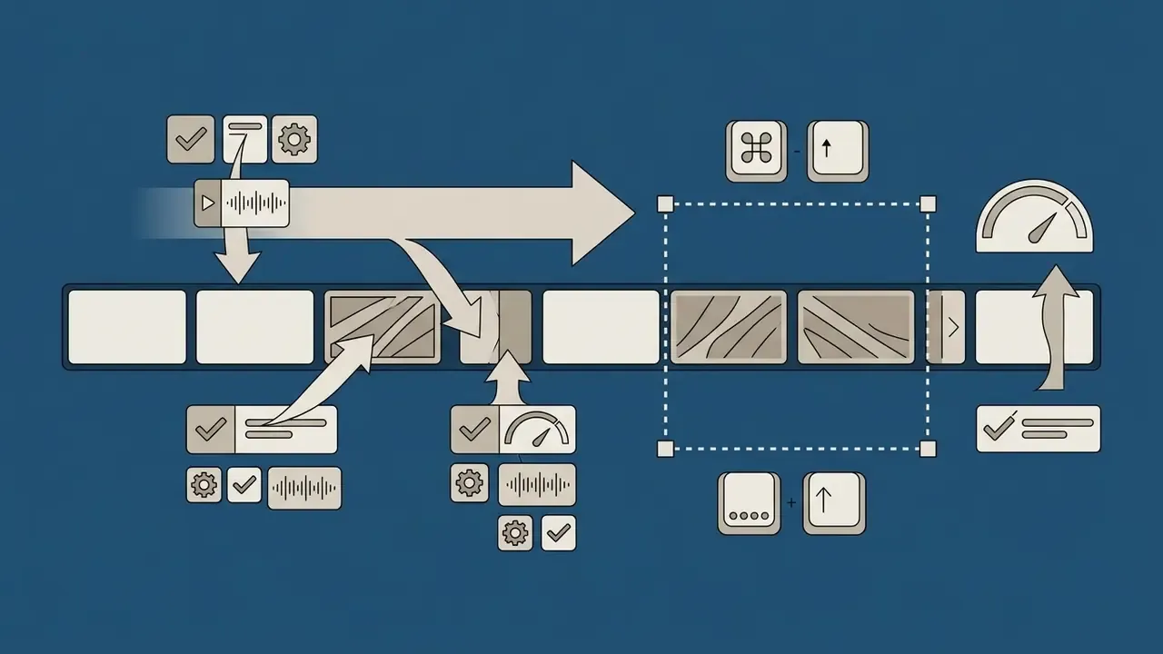 Arrows pointing to timeline clips with keyboard shortcuts and selection boxes to edit videos on Mac