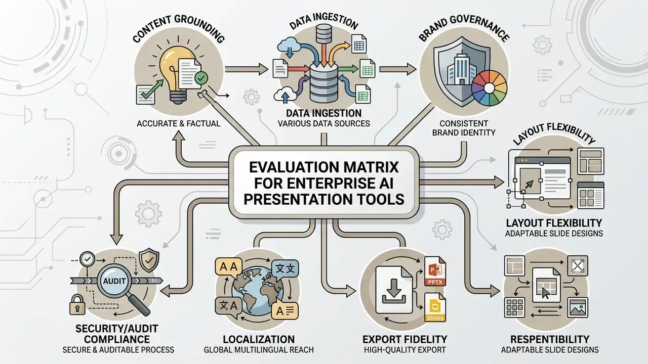 Diagram detailing seven core pillars for evaluating enterprise AI presentation tools and software
