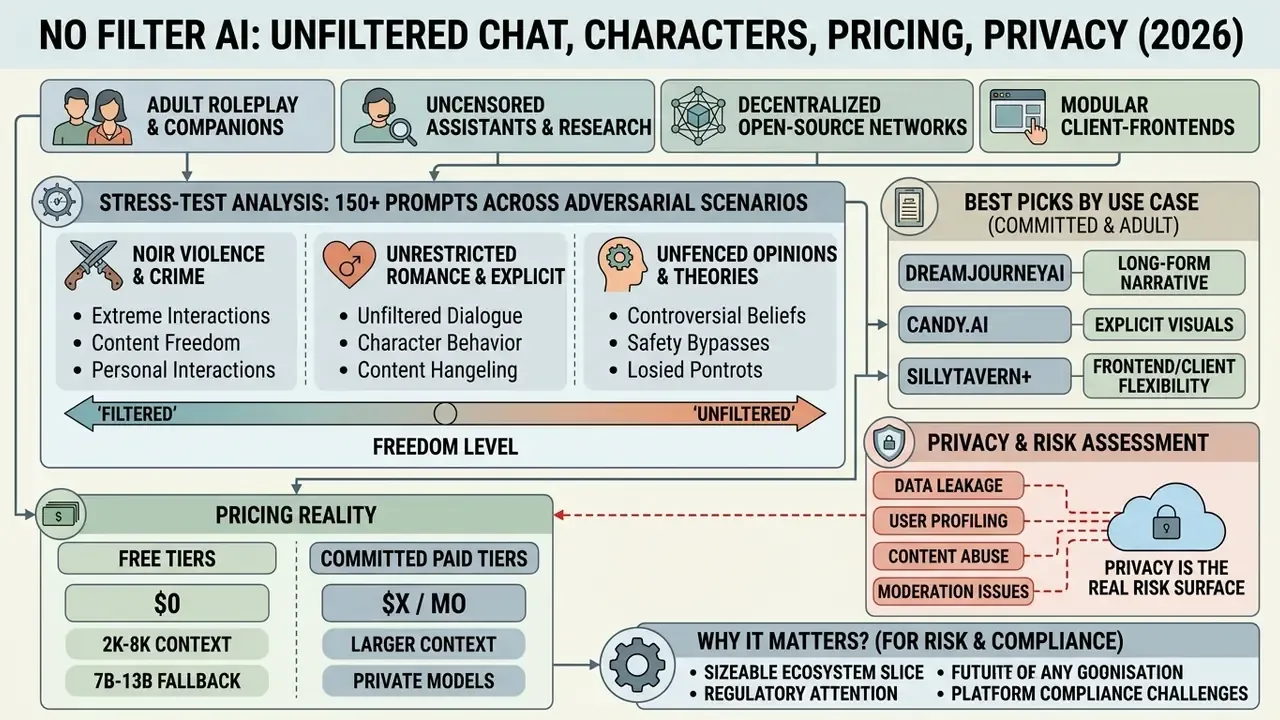 Infographic detailing no filter AI use cases, stress tests, pricing tiers, and privacy risk assessments