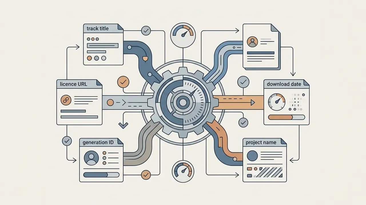 Central gear mechanism connecting various data documents including track title and project name