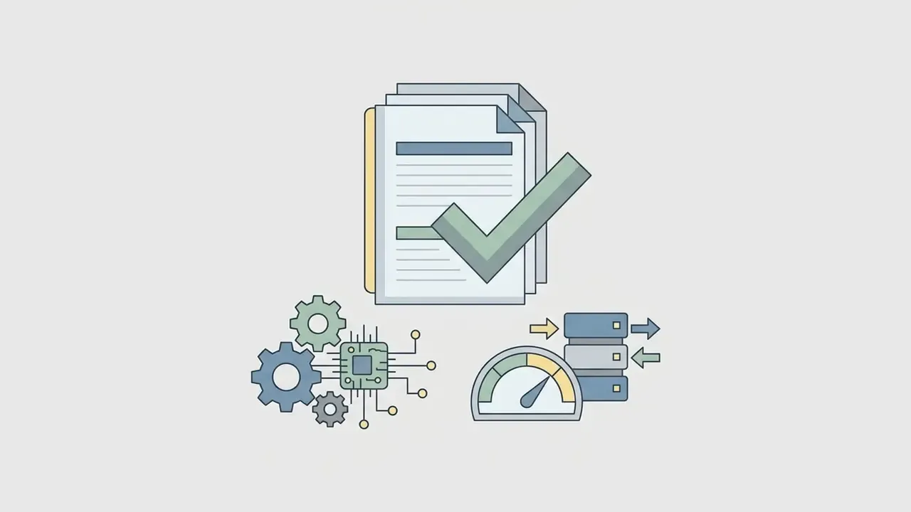 Stack of documents marked with a check symbol above a microchip gear assembly and a server gauge icon