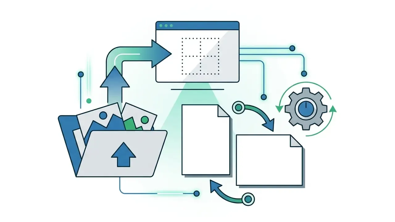 Folder of images being uploaded to a browser window to adjust page orientation and layout settings