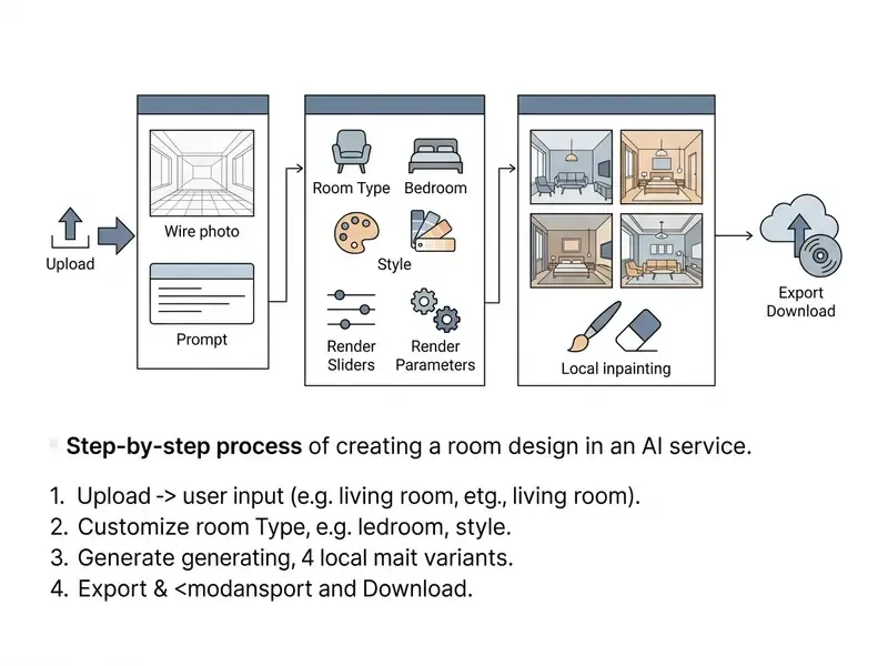 Four stage flowchart showing room photo uploads, style configuration, design generation, and final export