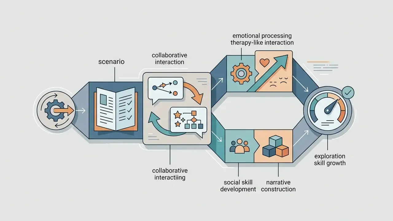Process flow showing narrative scenarios and collaborative interactions leading to emotional and social growth
