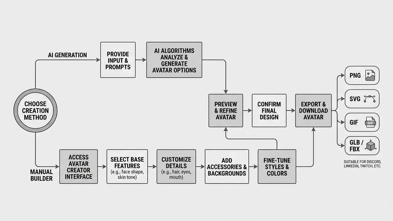 Flowchart showing AI generation and manual builder paths leading to final avatar export formats