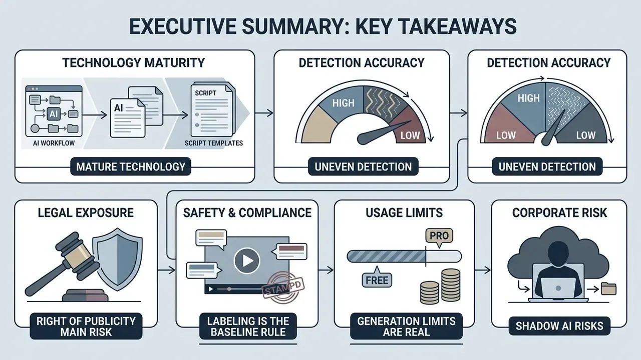 Infographic showing technology maturity, detection accuracy, legal exposure, and corporate AI risks