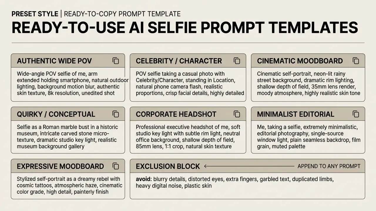 Grid of text boxes containing descriptive prompts for various selfie styles and an exclusion block