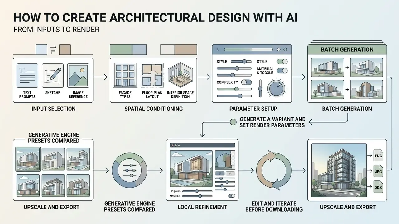 Flowchart illustrating a multi-step digital pipeline for transforming design inputs into final renders