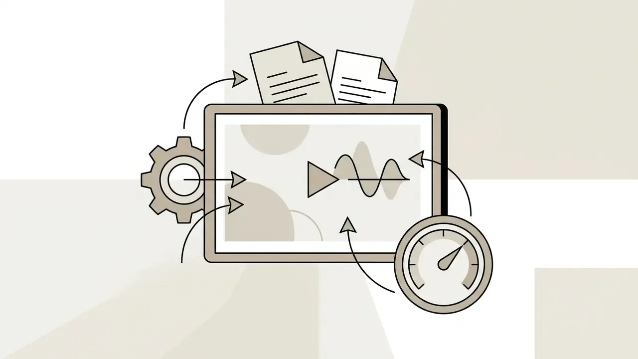 Central monitor screen surrounded by gear, gauge, and document icons representing automated video controls