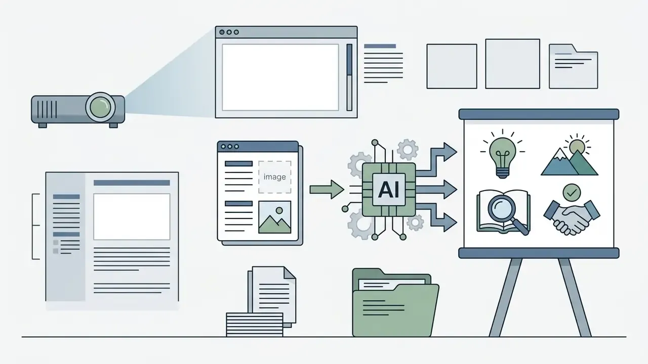Projector and document icons feeding into an AI processor that displays visual metaphors on a presentation board