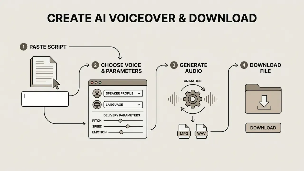 Four steps showing how to paste a script, select voice parameters, generate audio, and download the file