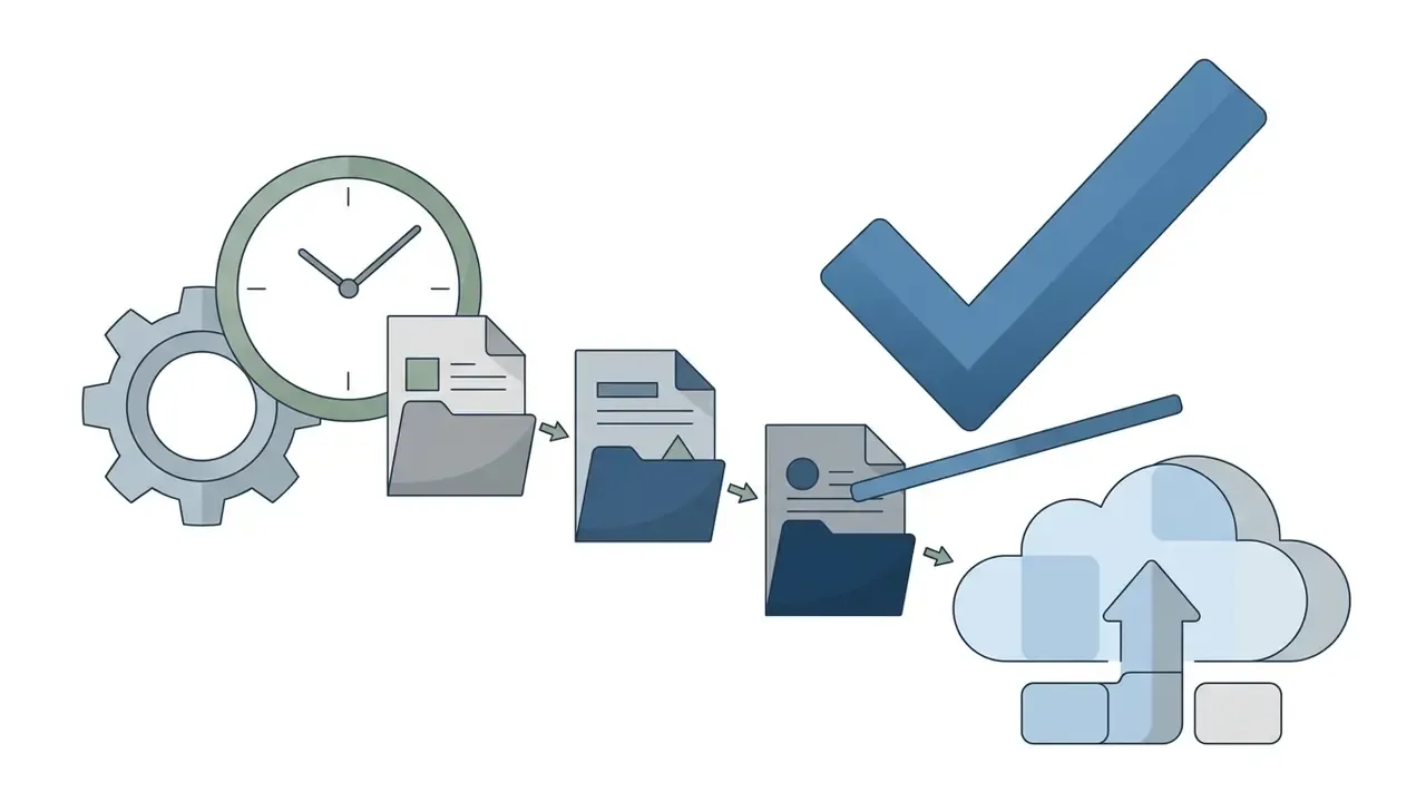 Folders moving through a clock and gear mechanism toward a cloud storage icon with a large checkmark