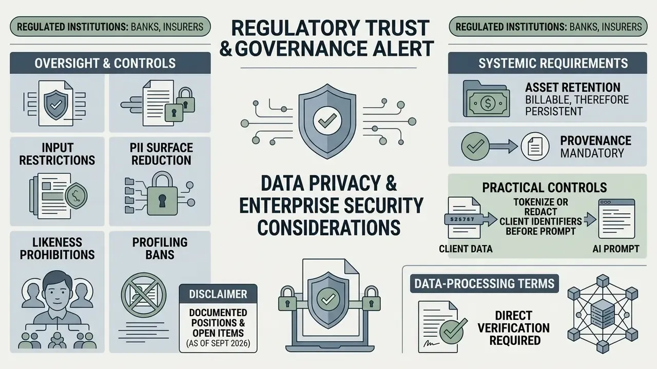 Infographic outlining regulatory trust, governance, and data privacy considerations for enterprise AI usage
