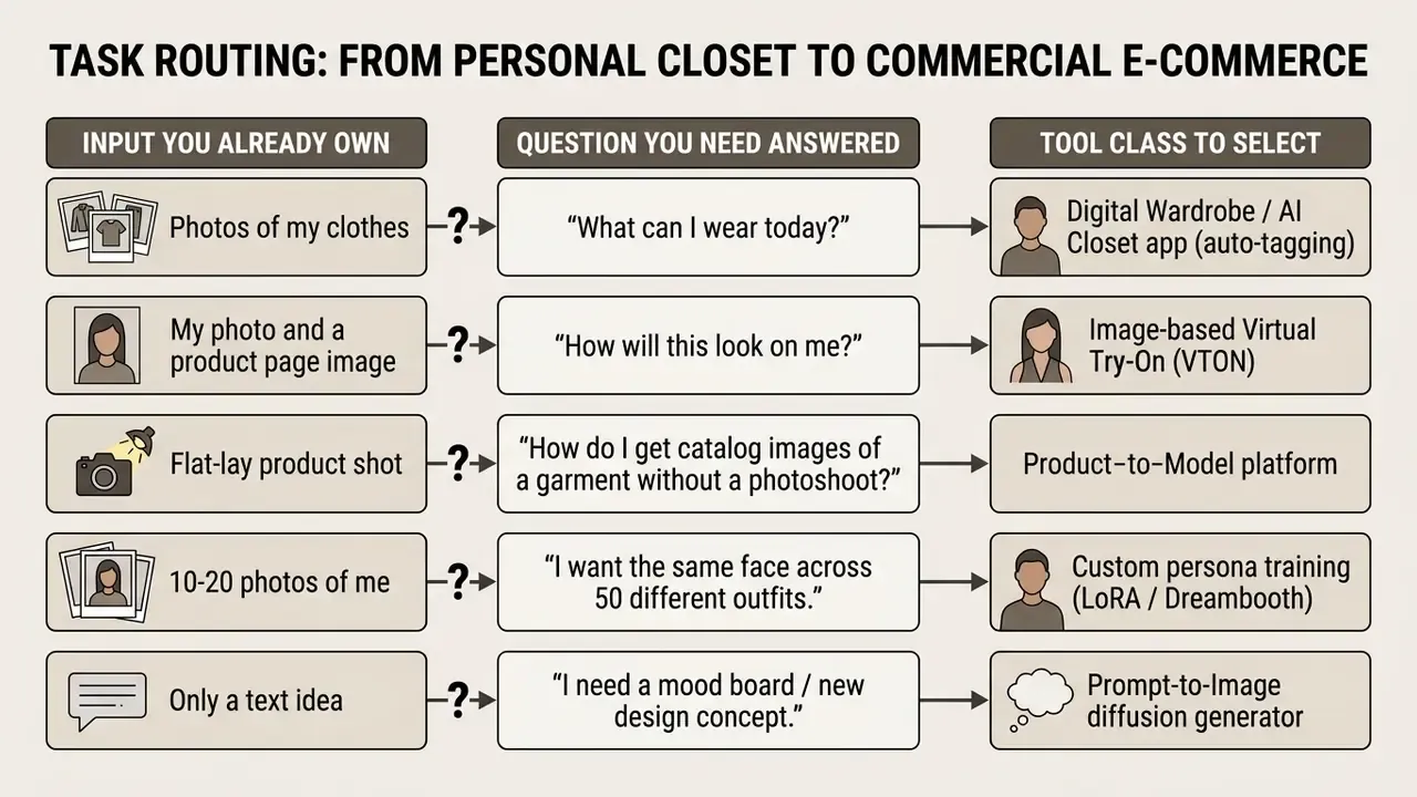 Table mapping user inputs and fashion questions to specific technology solutions for apparel imagery